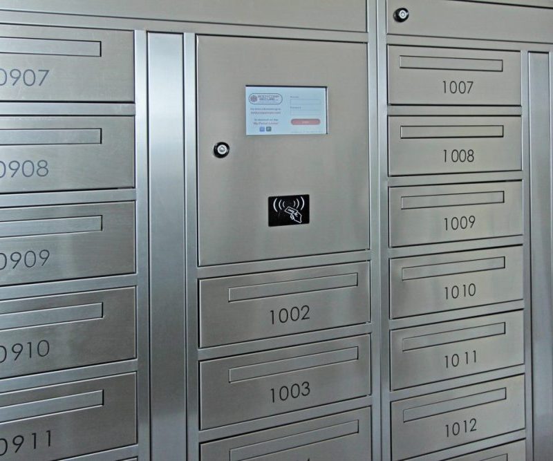 bank of mailboxes with kiosk
