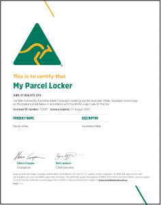 my parcel locker Australian made certificate